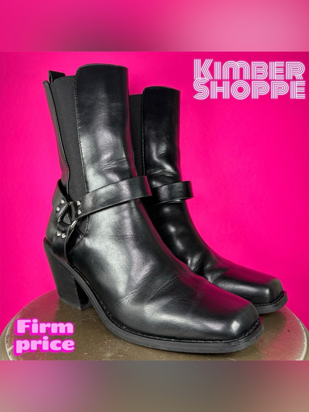 Urban Outfitters Black Faux Leather Square Toe Harness Pull-On Boot US 9 UK 7
